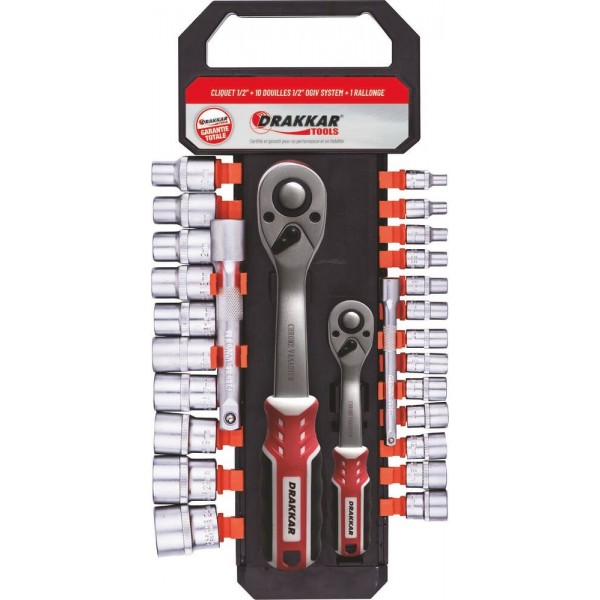 Chaves de 1/4" e 1/2" 72 dentes com 23 pontas de 4 a 24mm e extensões - 27 peças