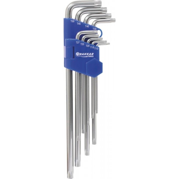 Chave macho angular Torx® extra longa de T10 a T50 - caixa giratória de 9 peças