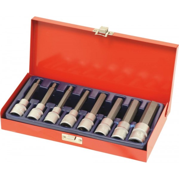 Chaves de caixa de 1/2" com ponta hexagonal de 100 mm de 4 a 17 mm - caixa metálica com 8 peças