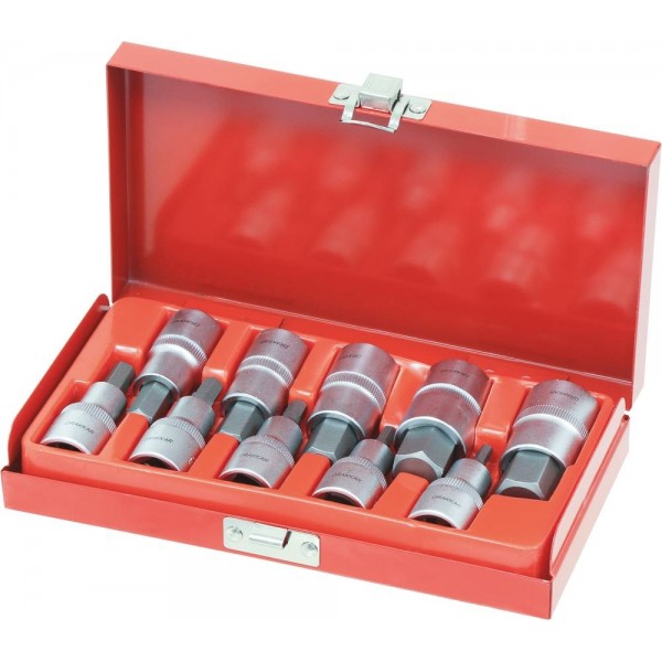 Chaves de caixa de 1/2" com ponta hexagonal de 55 mm de 4 a 19 mm - caixa metálica com 10 peças