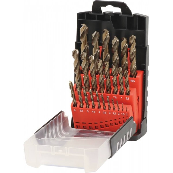 Caixa de PVC com 25 brocas metálicas HSS 5% cobalto retificadas de 1 a 13mm
