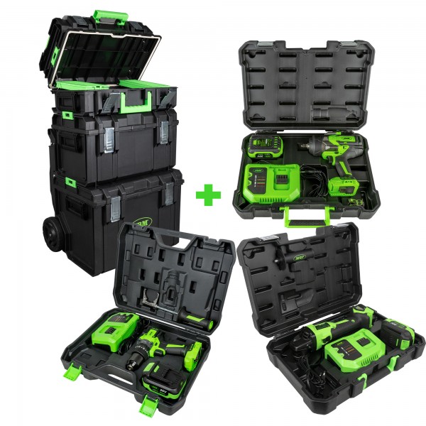 CARRINHO MODULAR + REBARBADORA ÂNGULAR + FURADEIRA PERCUTORA + CHAVE DE IMPACTO SEM FIO 1/2"
