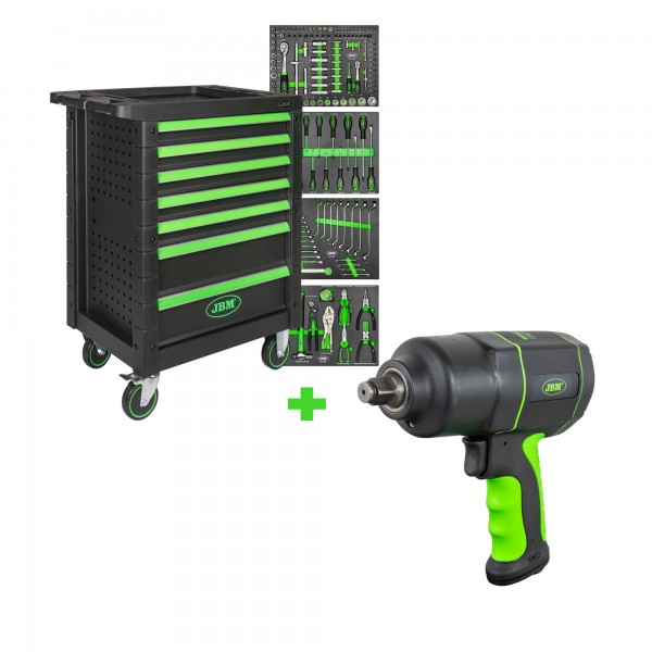 CARRINHO DE FERRAMENTAS COM 7 GAVETAS - VERDE + CHAVE DE IMPACTO 1/2" 1200NM